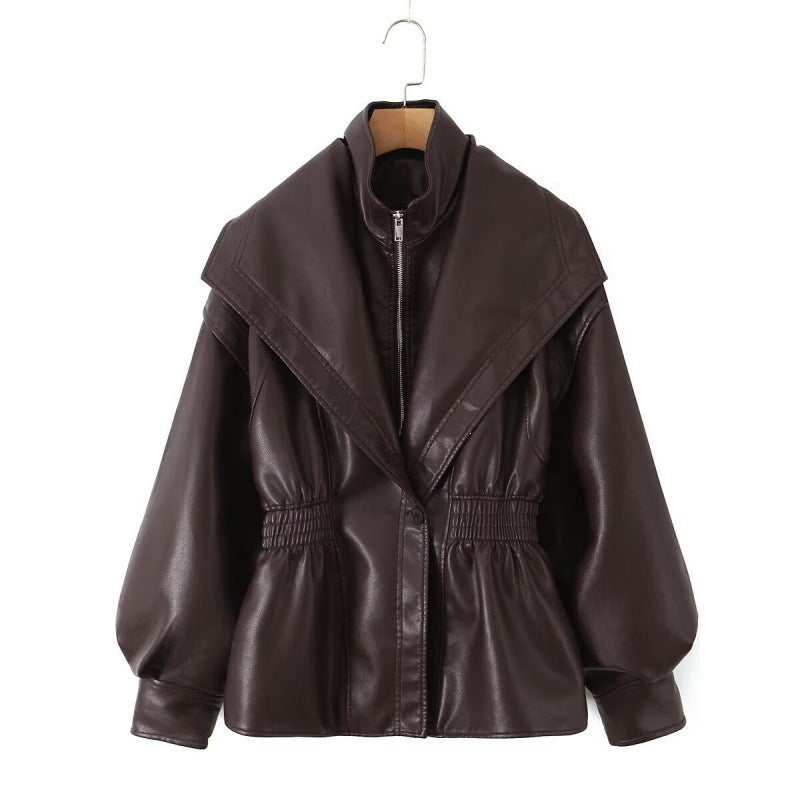 Women's Faux Leather Jacket with Wide Shawl Collar and Gathered Waistband Chichicherry