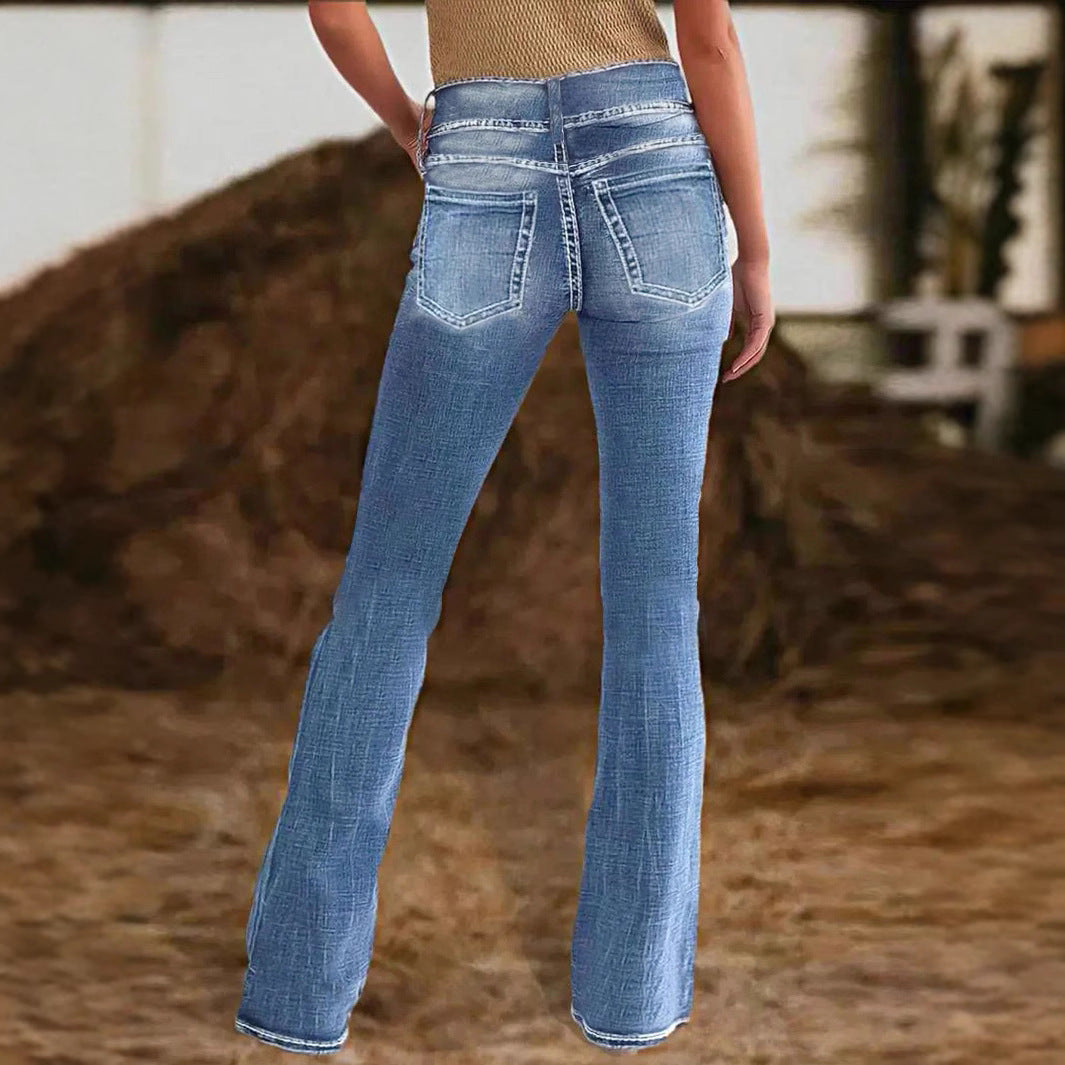 Ladies high-waisted flared jeans with side decorative seam and sculpting stretch waistband Chichicherry