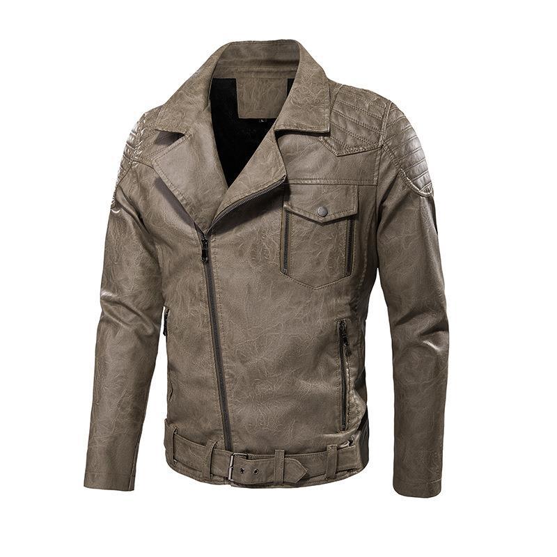 Men's faux leather biker jacket with shoulder quilting, asymmetric zipper, and adjustable belted waist Chichicherry