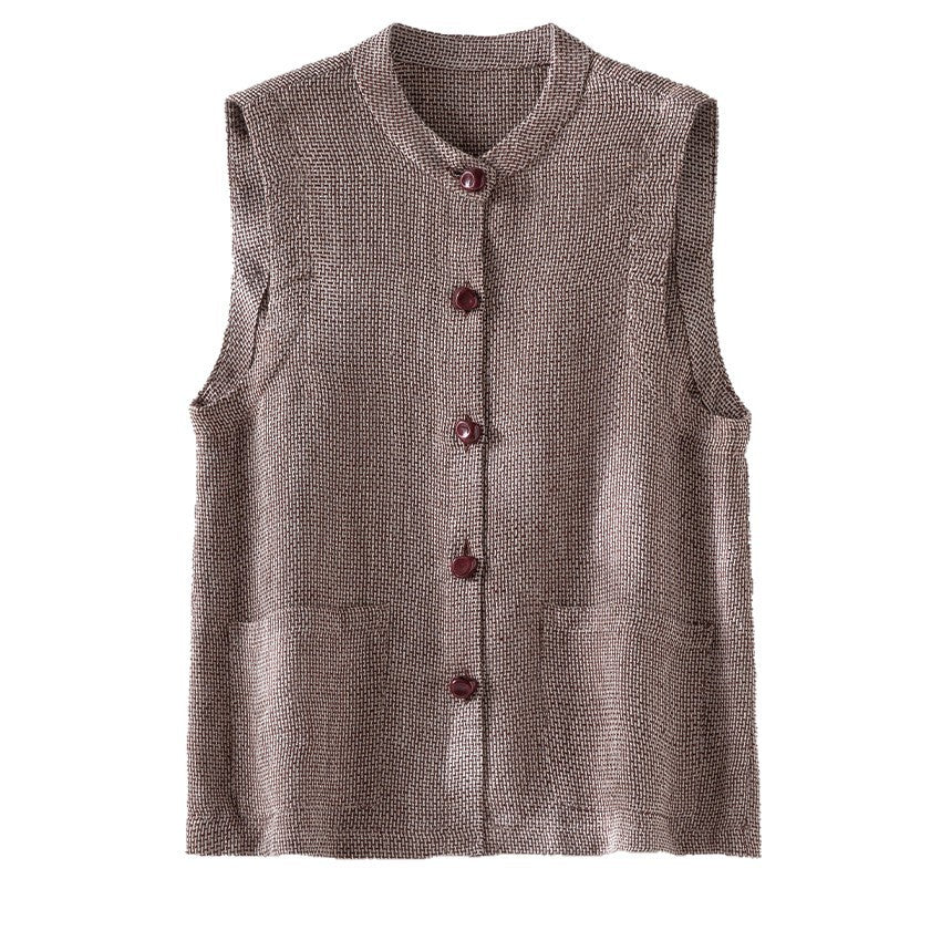 Women Sleeveless Textured Knit Vest with Round Neckline, Button Placket and Patch Pockets Chichicherry