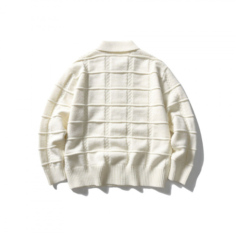 Unisex Boxy Cardigan with Shirt Collar and Structured Check Pattern Chichicherry