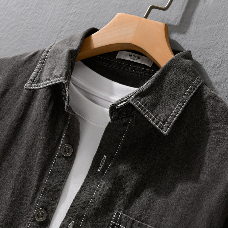 Men's Washed Denim Overshirt in Workwear Look with Contrast Stitches Chichicherry
