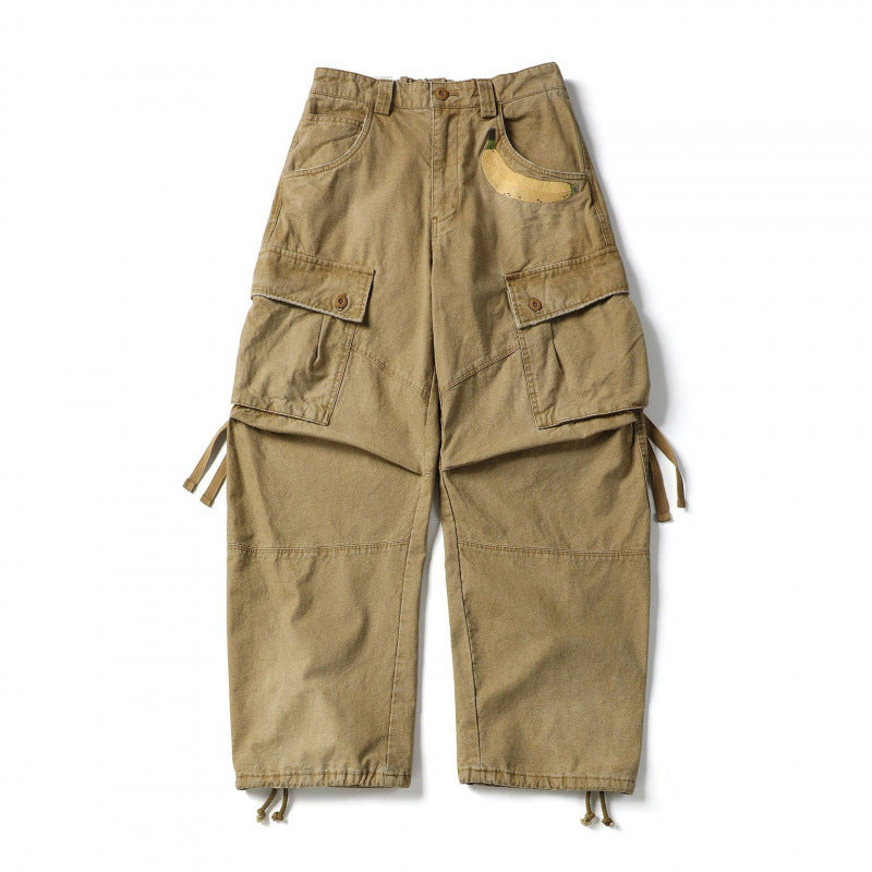 Unisex locker cut cargo pants with banana appliqué, large patch pockets and adjustable hem Chichicherry