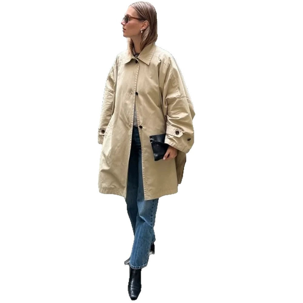 Women's Oversize Cotton Blend Trench Coat with Mid-Length, Straight Cut Chichicherry