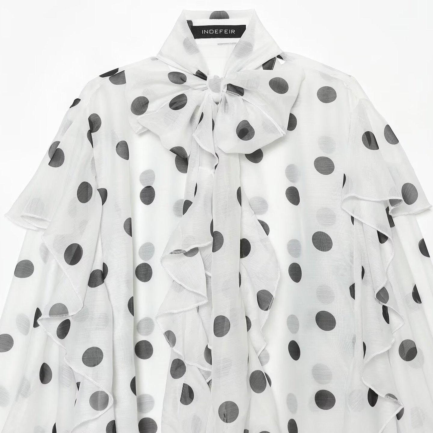 Women Transparent Polka Dot Chiffon Blouse with XXL Ruffles and Bow Collar Chichicherry