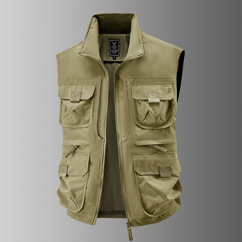 Men's Multi-pocket Utility Vest with High Collar, Zipper and Mesh Lining Chichicherry