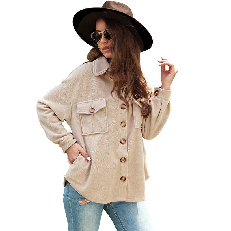 Women's Oversized Teddy Shacket with button placket, patch pockets, and soft lining Chichicherry