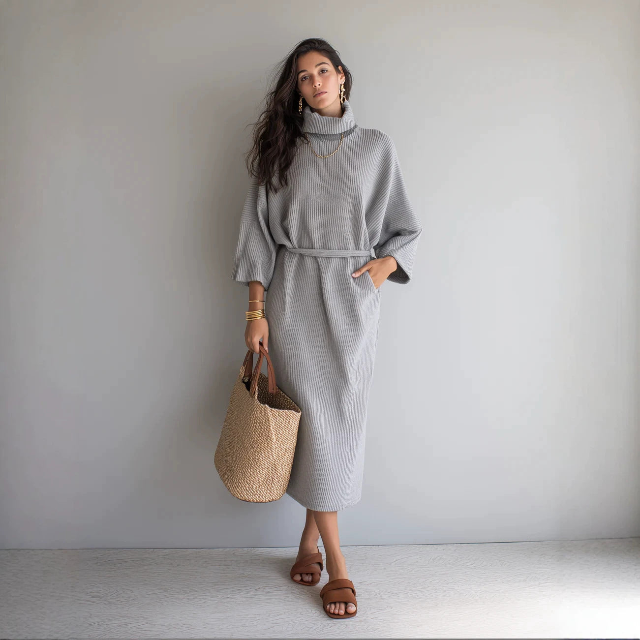 Women's mid-length ribbed knitted dress with turtleneck, three-quarter sleeves, and tie belt