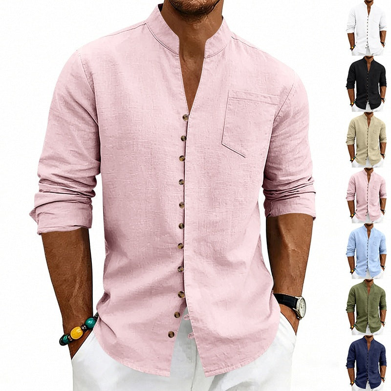 Men's shirt with stand-up collar and asymmetrical button placket made of linen mix Chichicherry