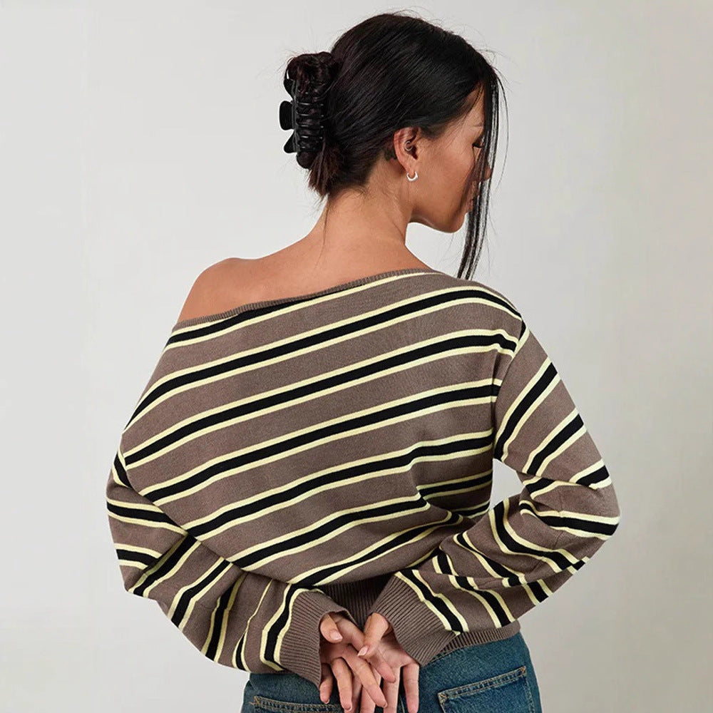 Women's fine knit boatneck pullover with asymmetrical shoulder drop, wide ribbed hem, and casual balloon sleeves Chichicherry
