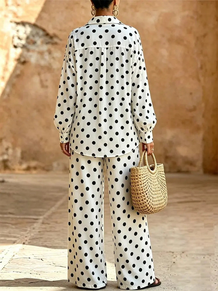 Women's Two-Piece Polka Dot Loungewear Set with Loose Shirt and Palazzo Pants Chichicherry