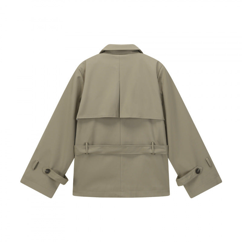 Unisex Short Double Blouson Trench Coat with Waist Belt and Boxy Silhouette Chichicherry