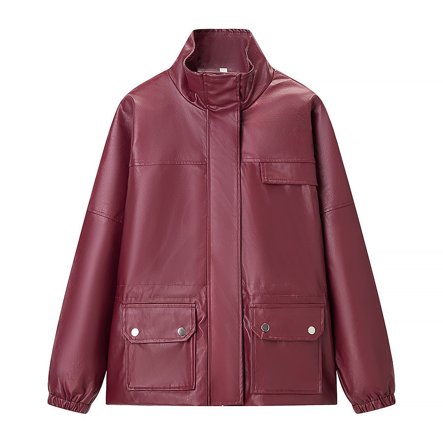 Women Water-Repellent Faux Leather Utility Jacket with Stand Collar and Flap Pockets Chichicherry