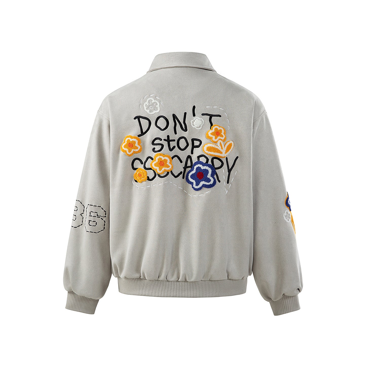 Unisex Boxy Blouson Jacket with Embroidered Floral Patches and Elastic Hem Chichicherry