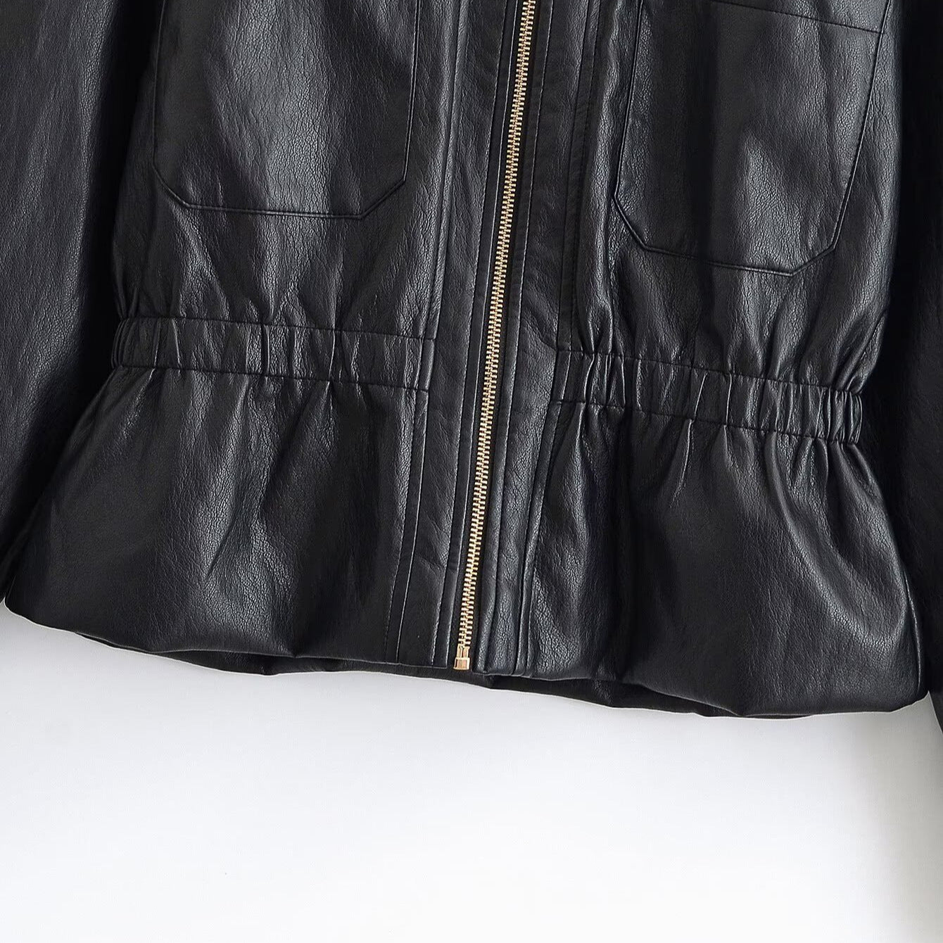 Women's Boxy Faux Leather Blouson with Elastic Waistband, Patch Chest Pockets and Visible Zipper Detail