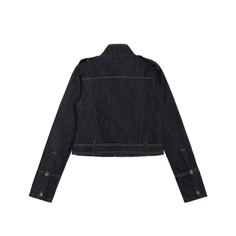 Women's tailored denim jacket with high stand-up collar, waist belt and shoulder patches Chichicherry