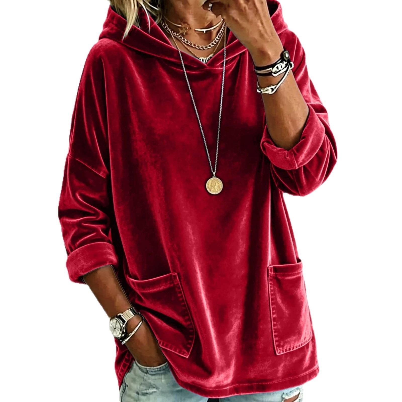 Women's Oversize Velvet Hoodie with Wide Hood, Kangaroo Pockets and Relaxed Silhouette