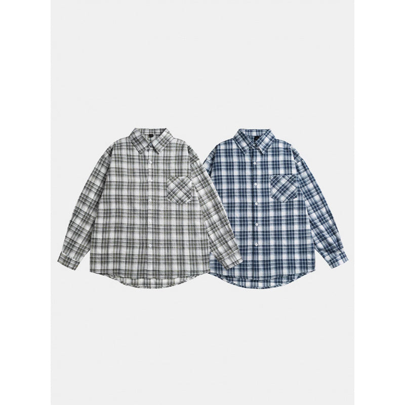 Unisex Oversize-checkered Flannel shirt with rounded hem and diagonal chest pocket Chichicherry