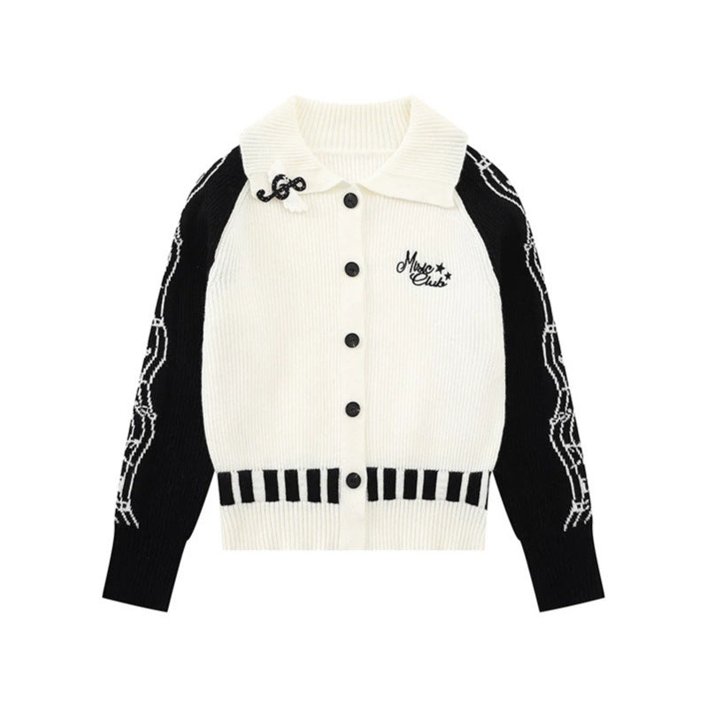 Women's cardigan with contrast sleeves, musical embroidery and polo collar Chichicherry