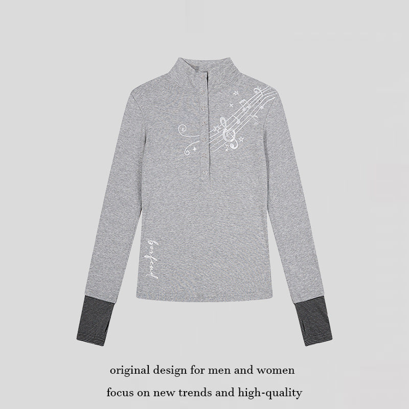 Women's Long Sleeve Polo Shirt with Stand-Up Collar, Button Placket and Note Print Chichicherry
