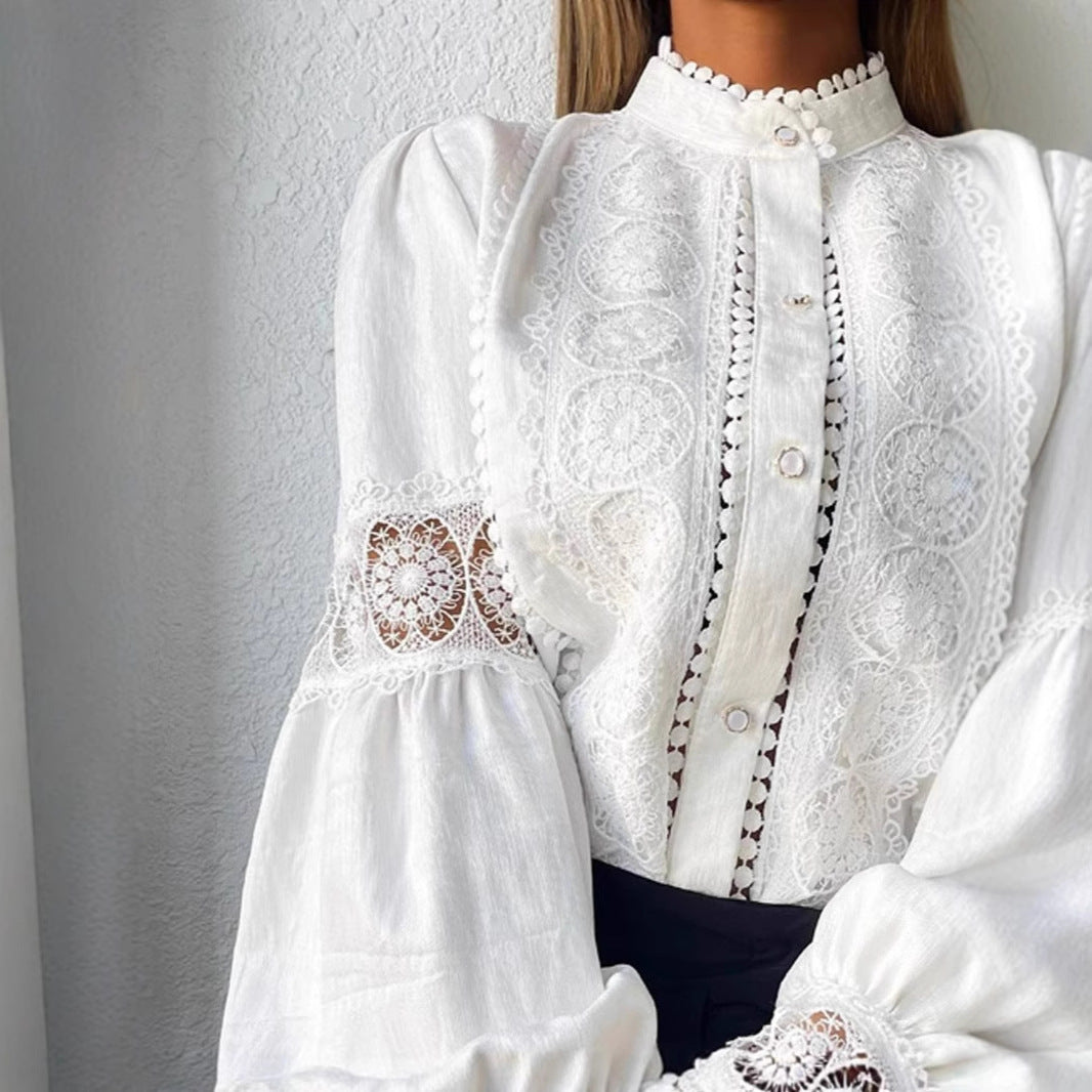 Women's Elegant Lace Blouse in Vintage Style with Stand Collar and Balloon Sleeves Chichicherry