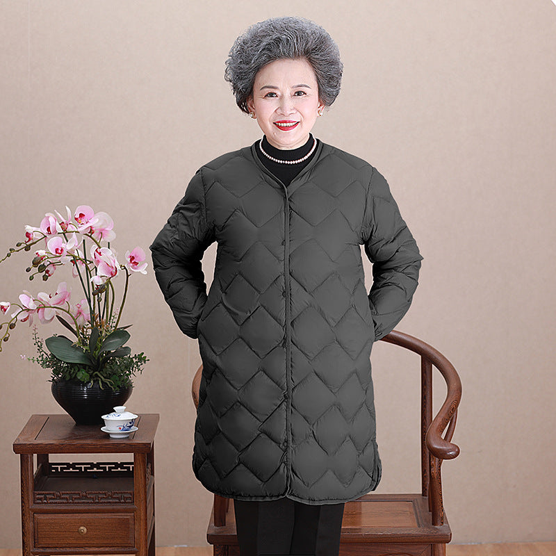 Women’s collarless long quilted thermal coat with diamond quilting Chichicherry