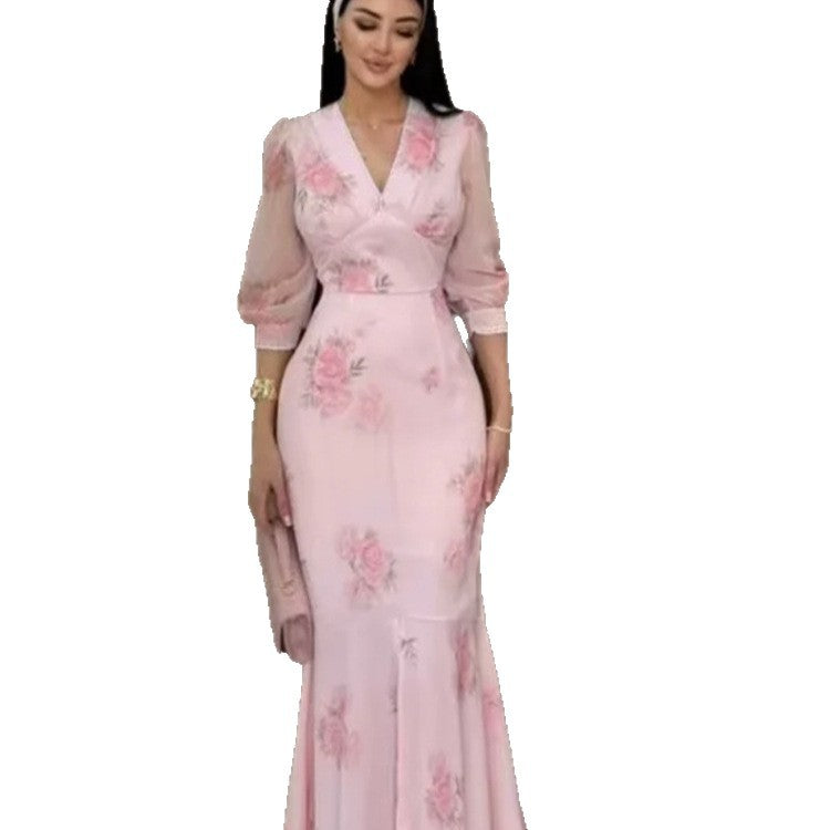 Ladies Elegant Maxi Dress in Mermaid Cut with V-Neck and Transparent Puff Sleeves Chichicherry