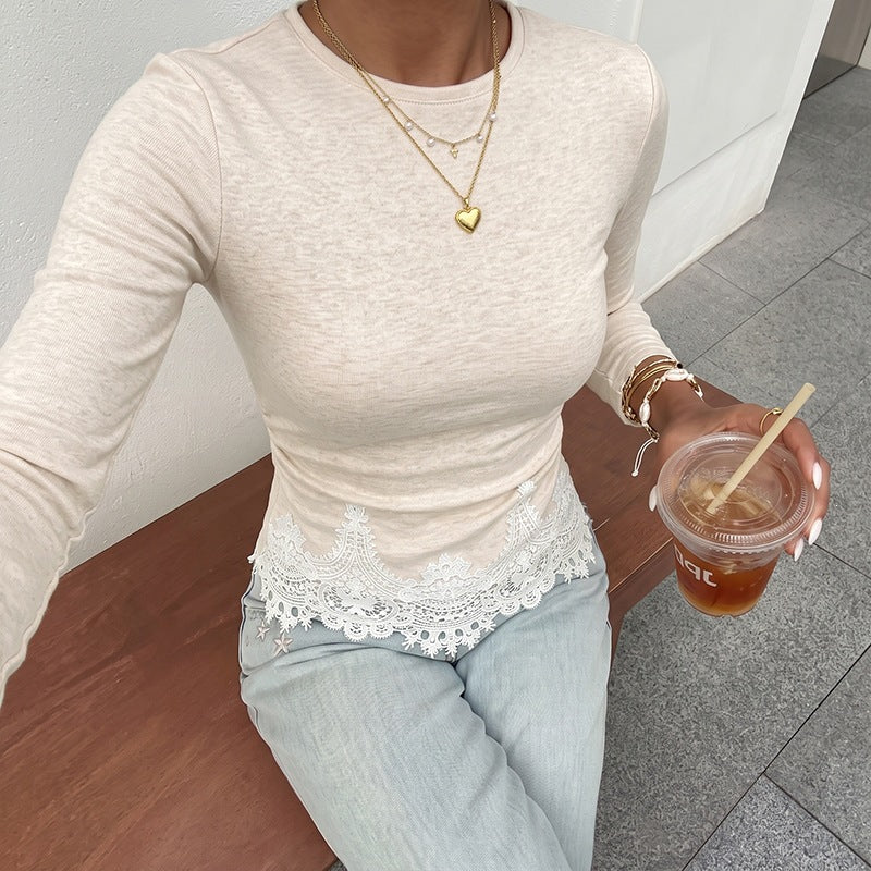 Women's Fitted Long Sleeve Shirt with Fine Lace Trim at the Hem and Round Neckline Chichicherry