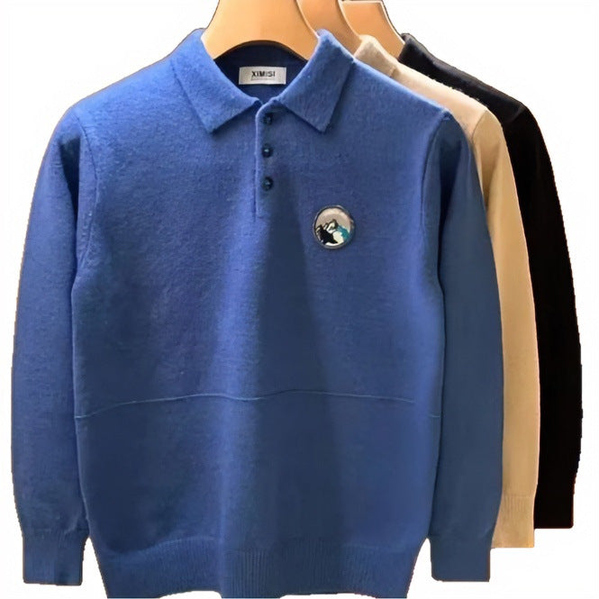 Herren Polokragen-Pullover aus weichem Flauschstrick mit Logo‑Patch Chichicherry