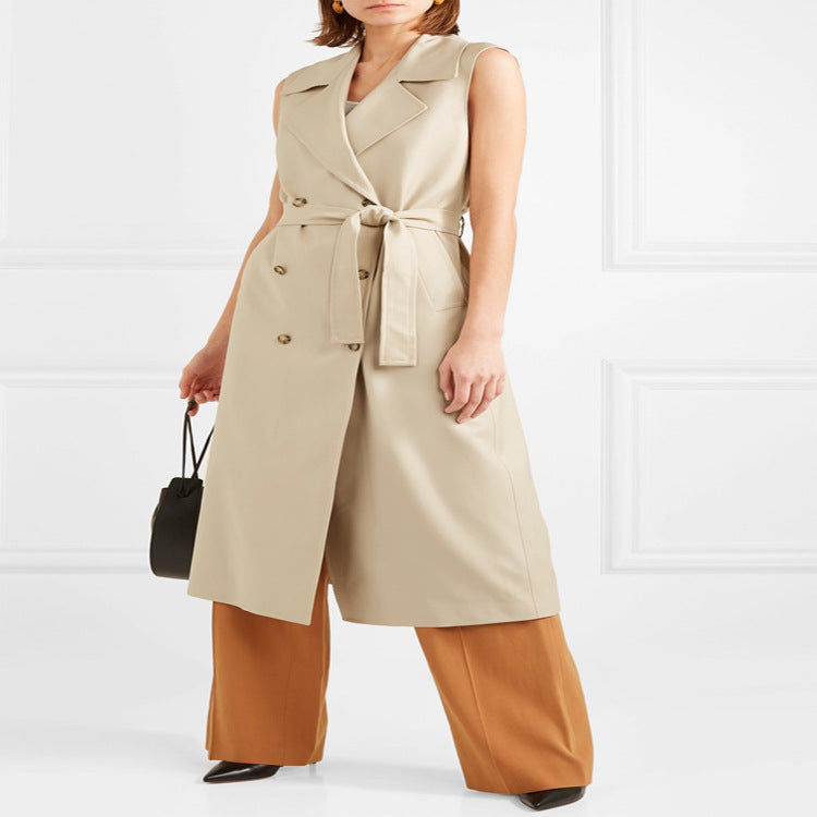 Women's sleeveless wrap trench coat made of cotton blend with double-breasted button placket and waist belt Chichicherry