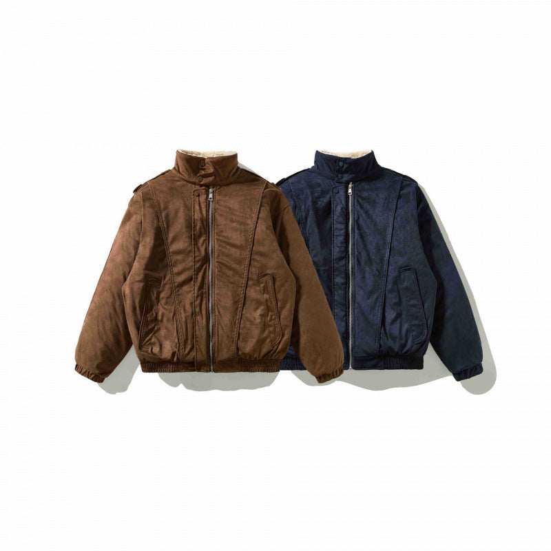 Men's Velvet Leather Look Bomber Jacket with High Stand Collar and Teddy Lining Chichicherry
