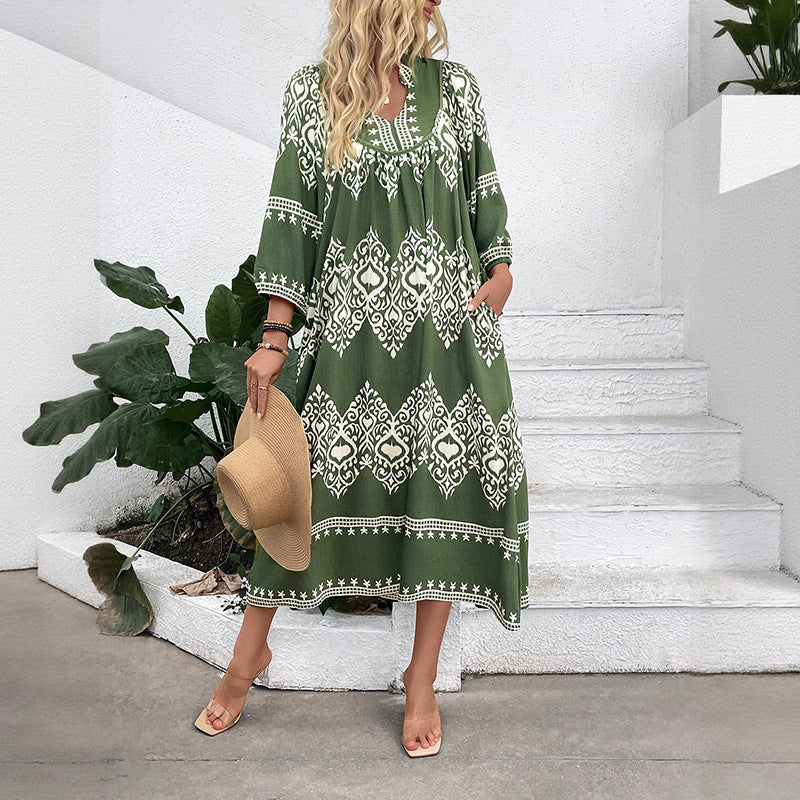 Women's Long Boho Maxi Dress with Loose A-Line, U-Neck and Patch Pockets Chichicherry