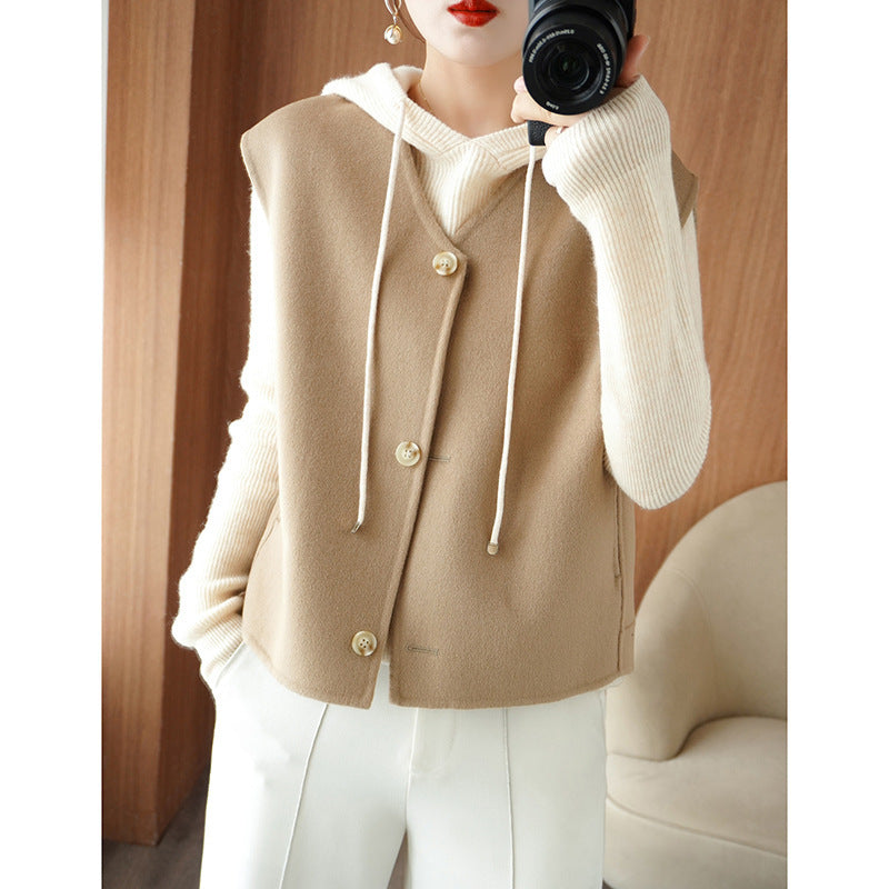 Women's layering knit cardigan with hood and sleeveless wool blend vest Chichicherry