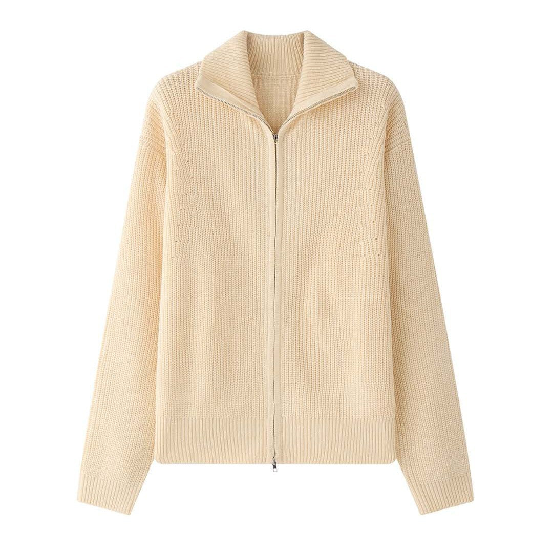 Women's chunky knit zip cardigan with high stand-up collar and dropped shoulder Chichicherry