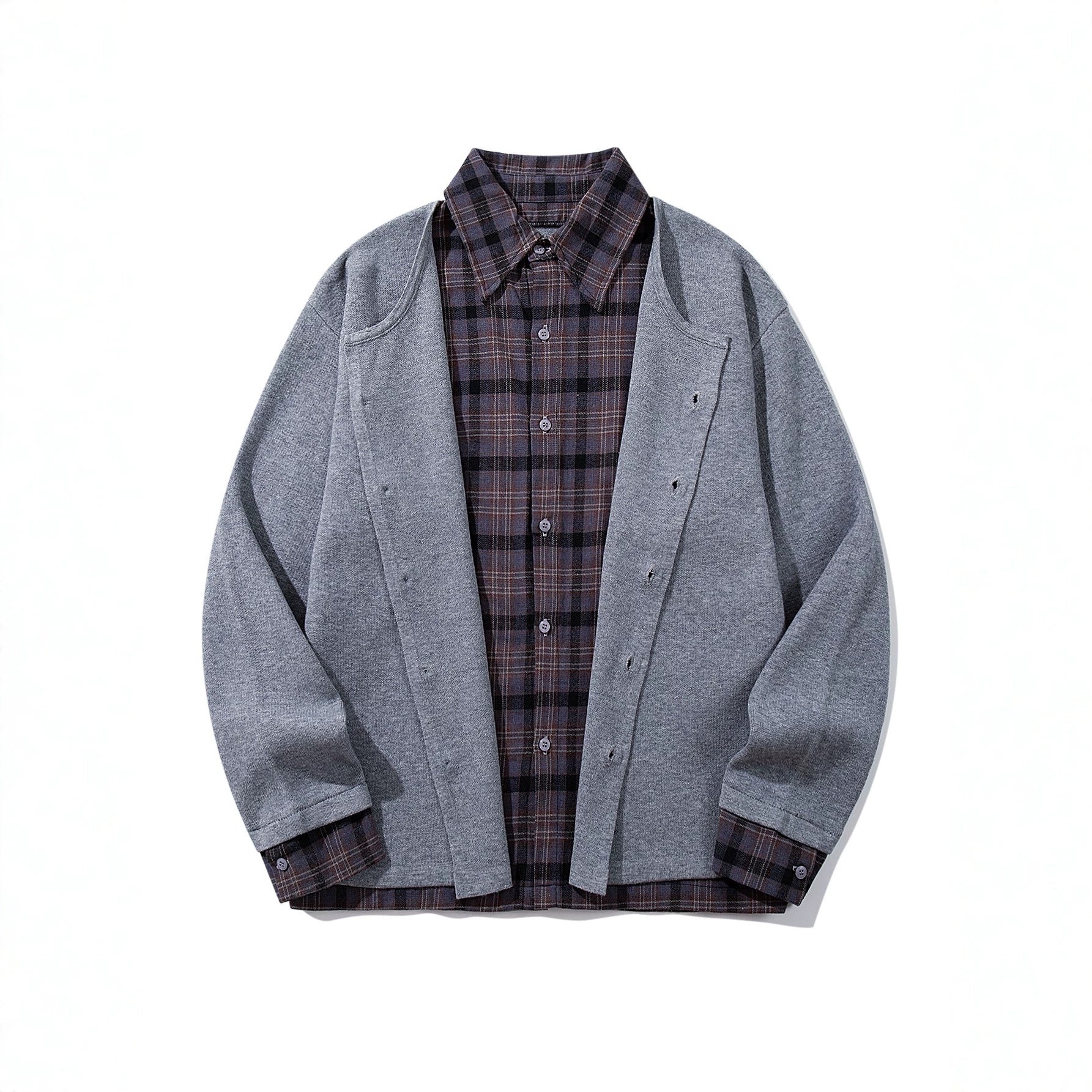Men's Checked Flannel Shirt Layer with Open Knit Cardigan Chichicherry