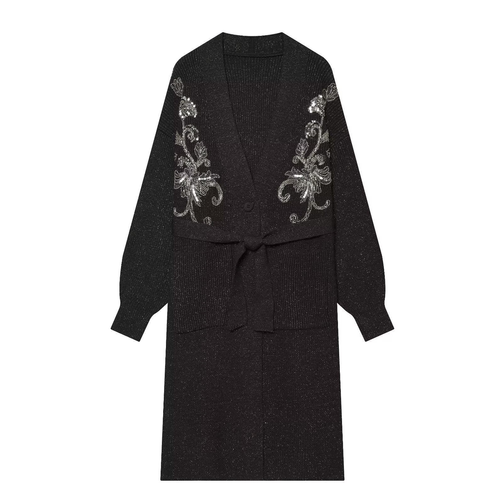 Women's long knit cardigan with waist belt and sequin embroidery Chichicherry