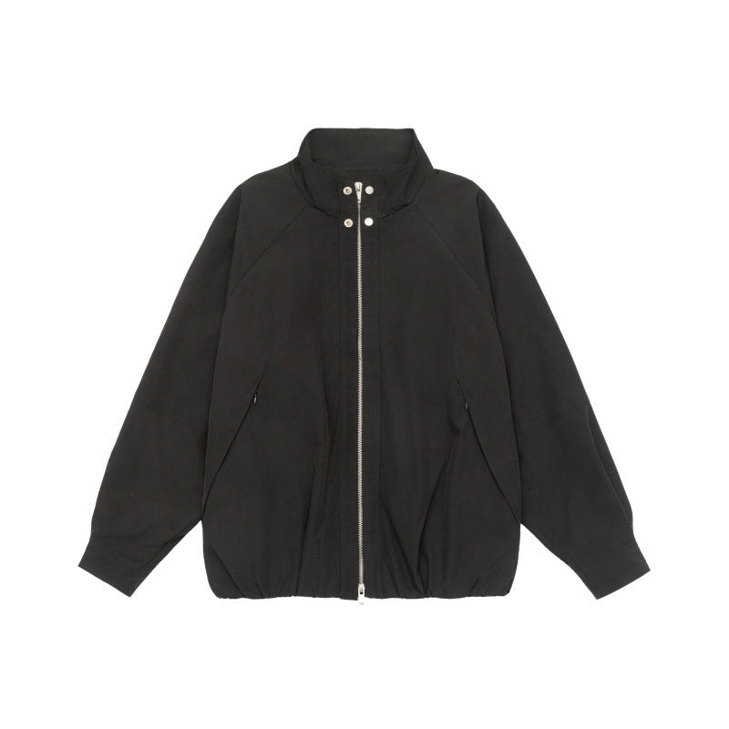 Women's Lightweight Raglan Bomber Jacket with Stand Collar and Elastic Hem Chichicherry