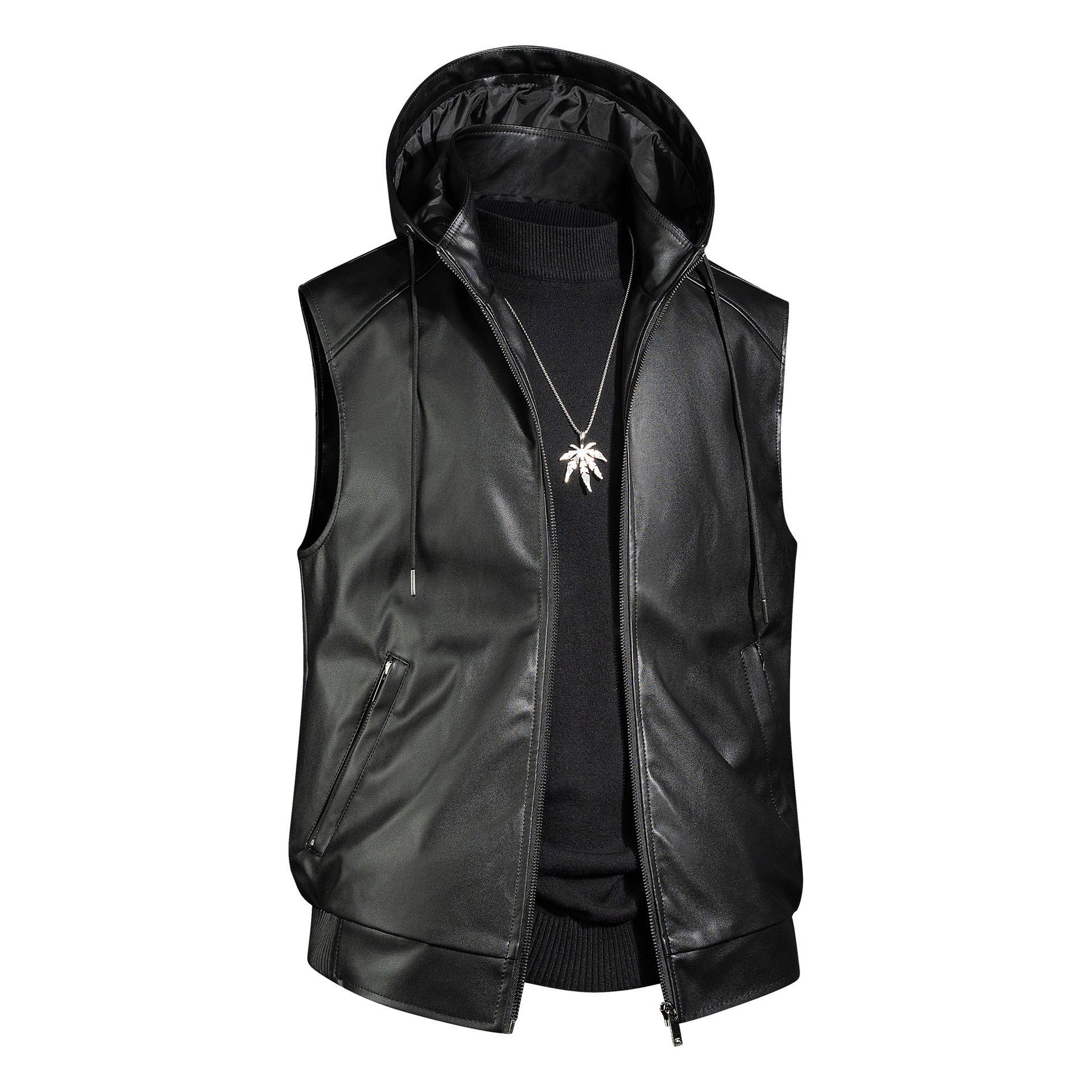 Men's Sleeveless Leather Vest with Hood Quilted Nappa Look and Zipper Pockets Chichicherry