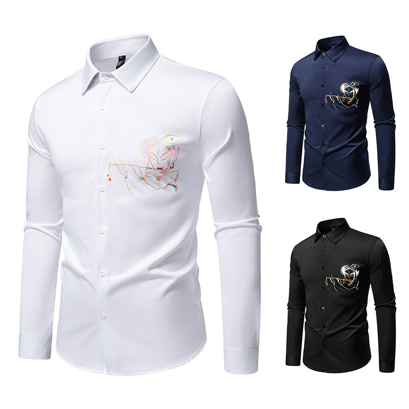 Men's Slim-Fit Business Shirt with elaborate chest embroidery and Kent collar Chichicherry