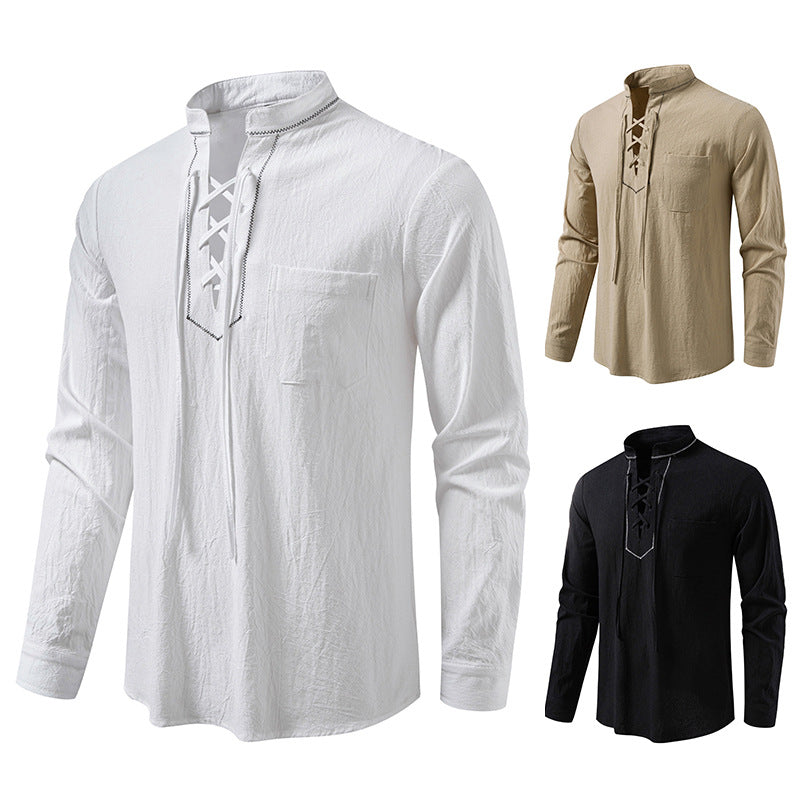 Men's Lightweight Cotton Blend Henley Shirt with Lace Placket and Stand-Up Collar Chichicherry