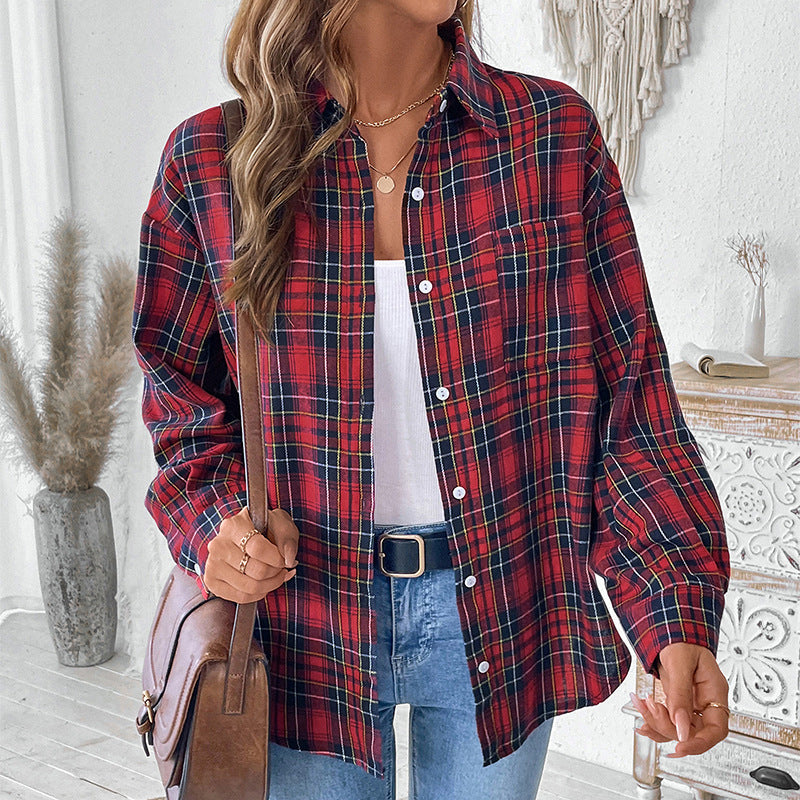 Women's Oversized Check Shirt Blouse made of soft flannel with chest pocket and extended back part Chichicherry