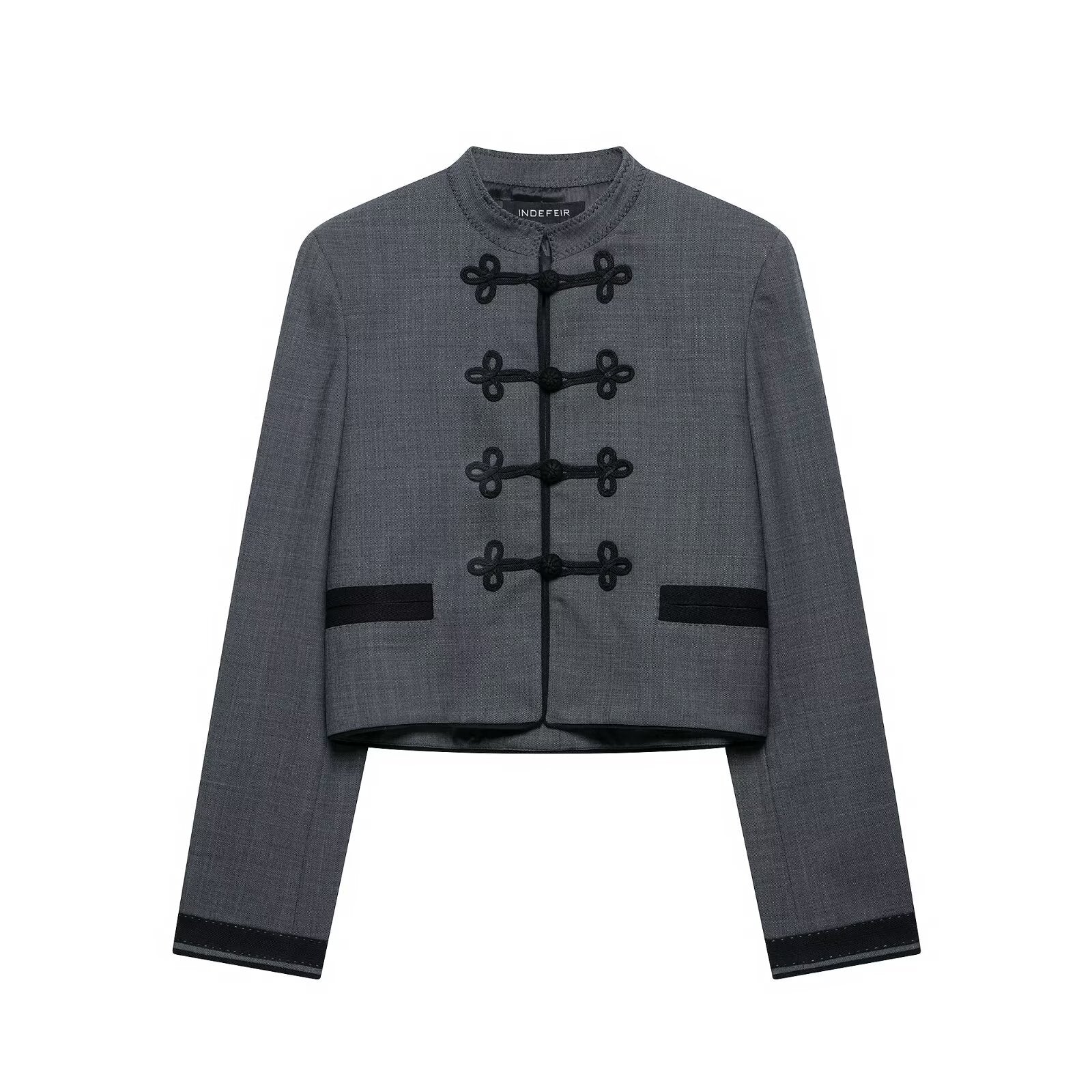 Women's Short Jacket in Mandarin Style with Decorative Knot Closure and Tailored Silhouette Chichicherry
