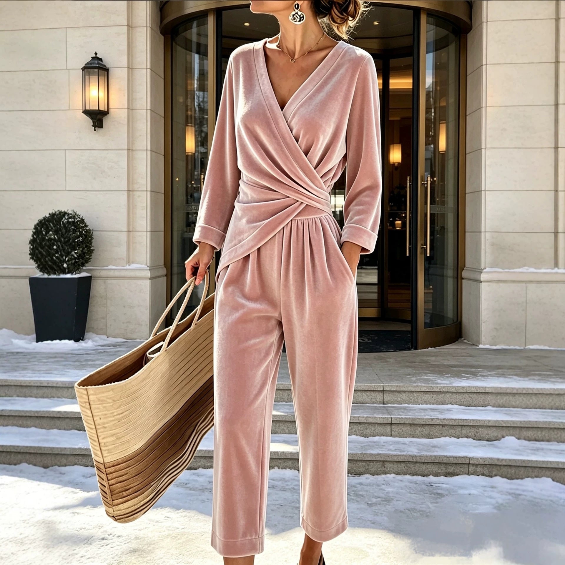 Women's velour jumpsuit with wrap top and wide leg pants Chichicherry