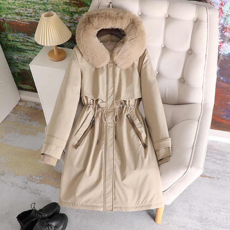 Women nan tailored winter parka with wide artificial fur collar and drawstring waist Chichicherry