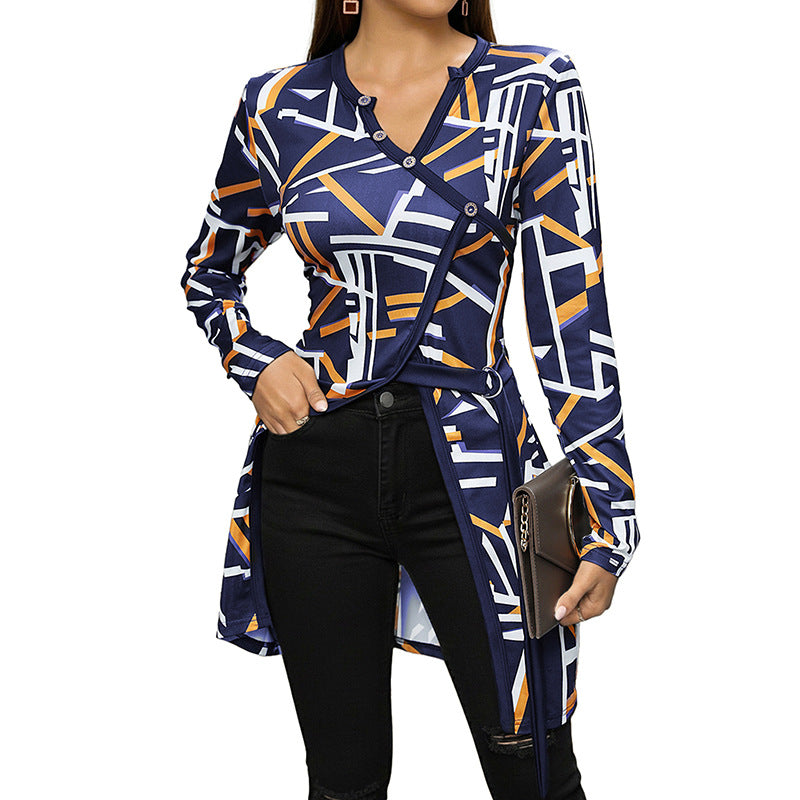 Women's Asymmetrical Long Sleeve Tunic Shirt with Diagonal Button Placket and Side Slits Chichicherry