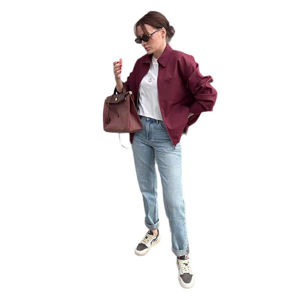 Women's lightweight twill transition jacket with shirt collar, concealed zipper, and boxy silhouette Chichicherry