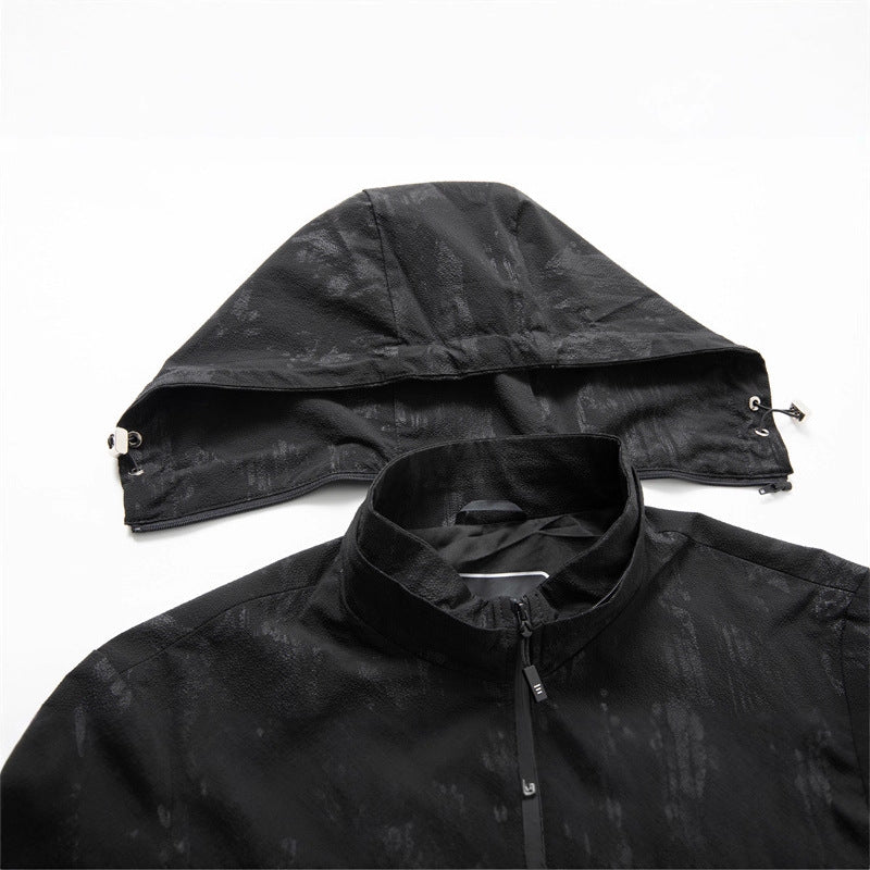 Men's Lightweight Water-Repellent Hooded Jacket with Subtle Camouflage Pattern and Zipper Pockets Chichicherry