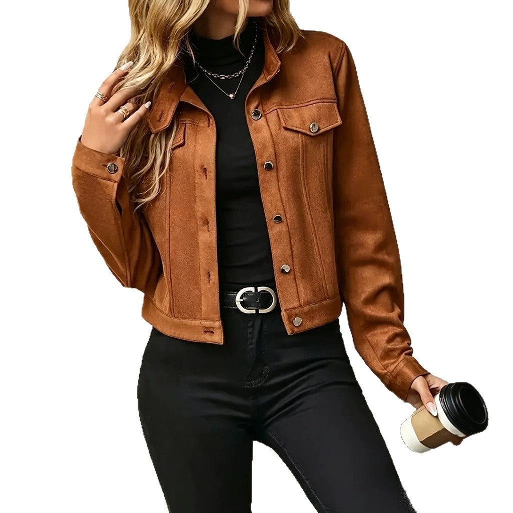 Women's short jacket made of suede leather look with shirt collar and breast pockets Chichicherry