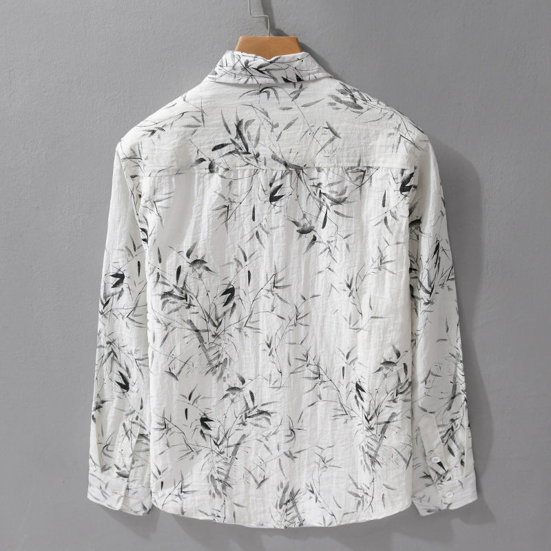 Men's Breathable Linen-Cotton Shirt with Botanical Brush Print and Kent Collar Chichicherry