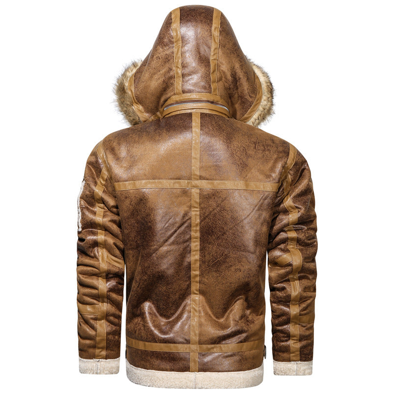 Men's aviator jacket made of vintage leather look with teddy lining and hood Chichicherry